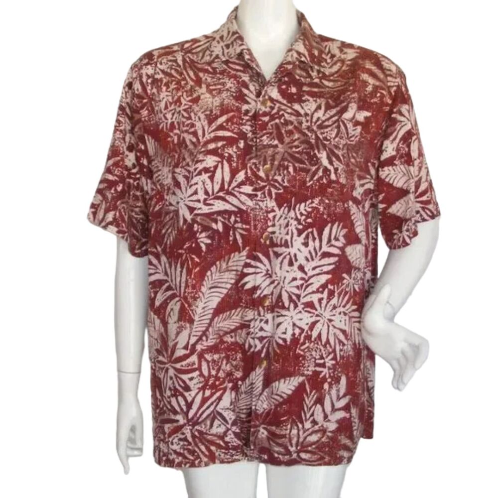 TOMMY BAHAMA Silk Hawaiian Shirt, M, Red/Ivory, Short Sleeve, Buttons, Pocket